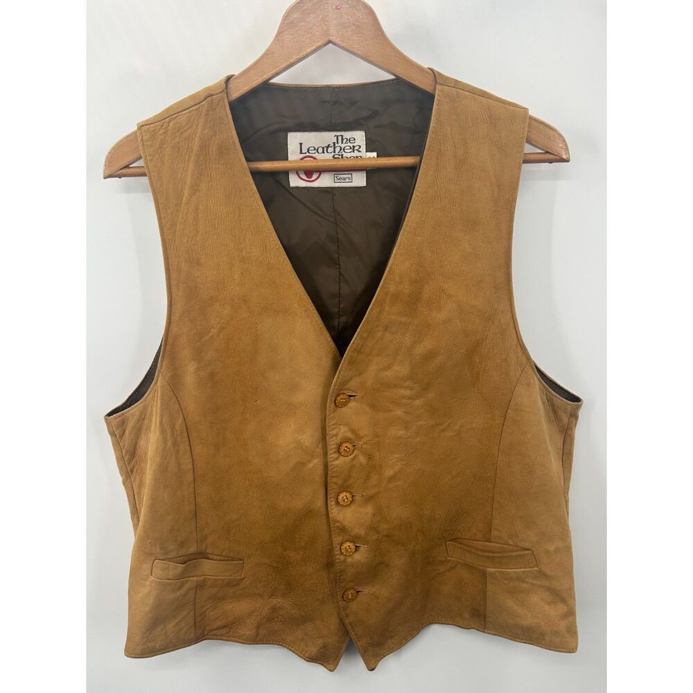 Vintage The Leather Shop Vest Mens 44 Reg Brown Suede Western Sears Distressed